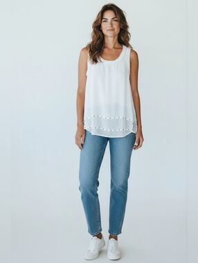 H&M Studded Hi-Lo Sleevless Top Sheer White/Off-White S Edgy
